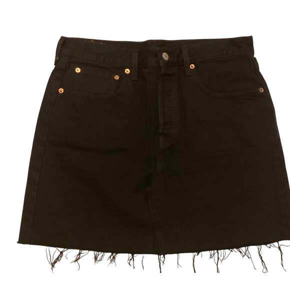 Levi's Dresses & Skirts - Levis Premium Deconstructed Denim Mini Skirt Black Raw Hem Size 31 Button Fly
